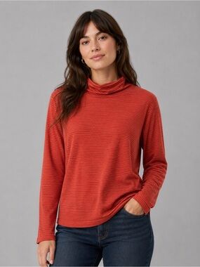 NWT DULUTH TRADING Womens XL S'no Sweat Turtleneck Sweater Orange Striped